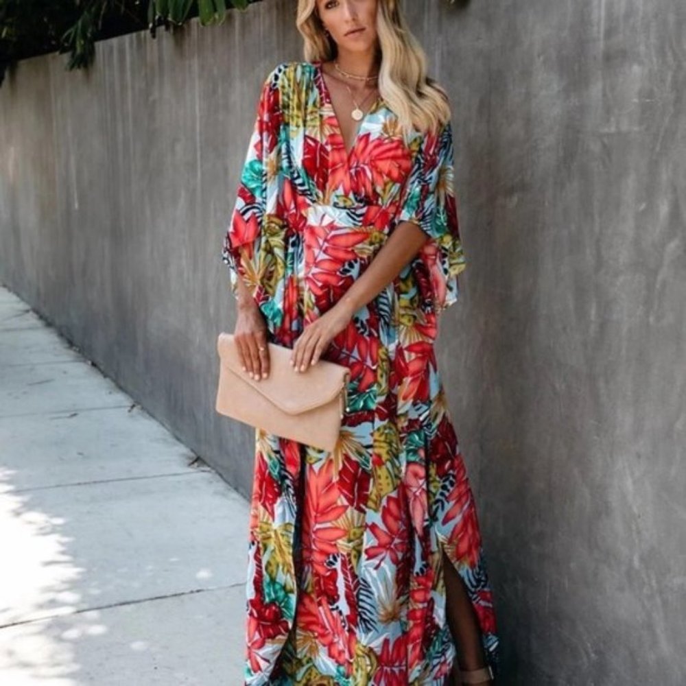 Tropical Sunset Bright Palm Print Maxi Dress - Picture 4 of 8